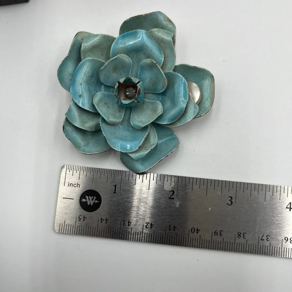 Vintage Blue Enamel Flower Brooch Large Layered Floral Pin Statement Piece - Picture 6 of 6